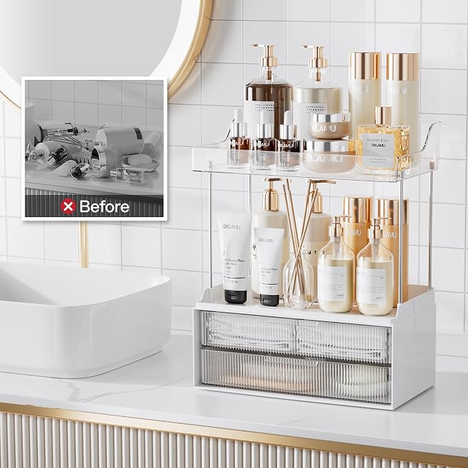 Delamu 4-Tier Makeup Organizer, Bathroom Counter, 2 Drawers,Clear 2Pack | Elegant Vanity Organizer Gift for Women, Holds Perfume, Skincare, Nail Polish & Hair Accessories for Bathroom Countertop - Image 7