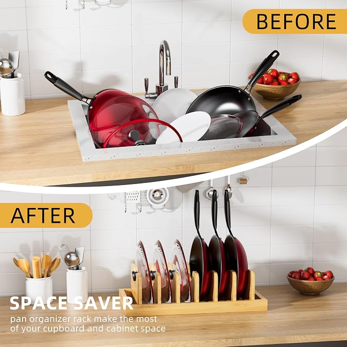 Bamboo Pot Lid Organizer Pot Lid Holder, Pot and Pan Organizer Drawer Organizer for Pot Lids, Pans, Cutting Boards & Baking Sheets, Dinner Plates, Reusable Containers in Cabinet Storage - Image 3