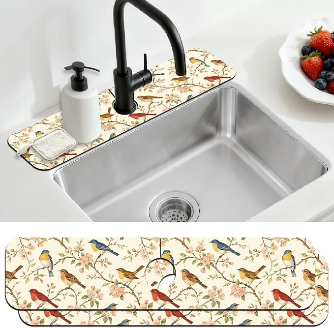 2 Pcs Kitchen Sink Splash Guard Faucet Mat Vintage Watercolor Bird Pattern Faucet Mat for Sinks Flower Absorbing Drying Mats for Kitchen Bathroom by CONCHLERY%E6%97%97%E8%88%B0%E5%BA%97