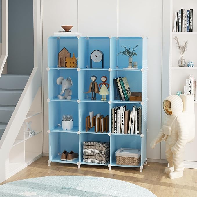 AWTATOS 12 Cube Storage Organizer, Closet Organizers Storage Shelves, Blue | Portable Closet Organizers, DIY Stackable Storage Cubes Shelves Bookshelf, Plastic Clothes Shelving for Home, Bedroom - Image 2