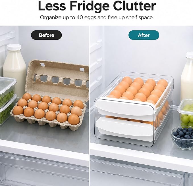 Egg Holder for Fridge, 40-Egg Refrigerator Organizer with Drawers | Egg Storage for Refrigerator, Clear Egg Container, 2-Tier Egg Tray for Fridge, Stackable Lid, BPA-free PET and PP, Hand Wash. - Image 3
