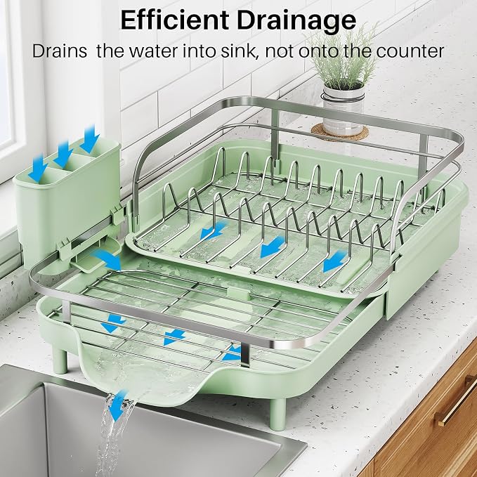 SNTD Expandable Dish Drying Rack for Kitchen Counter, 15.2-22.1 in, Green | Rust-Resistant Stainless Steel, Protective Side Rails, Self-Draining Drainboard, Removable Utensil Holder - Image 4
