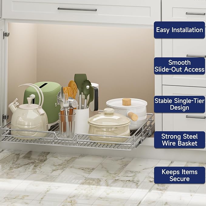 Pull Out Cabinet Organizer, 31.5" W x 21.5" D, Heavy Duty Chrome Slide Out Shelf for Wide Base Cabinets, Sliding Wire Basket Drawer for Pots, Pans, Appliances & Pantry Storage - Image 4