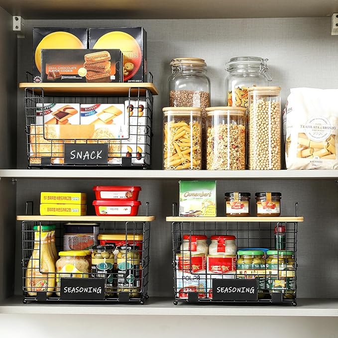 2 Set XL Stackable Wire Basket with Bamboo Tops & Tags- Pantry Organizer and Storage Bins, Kitchen Counter Cabinet Shelf Countertop Under Sink Organizing, Food Snack Produce Onion Potato Bread Storage - Image 2