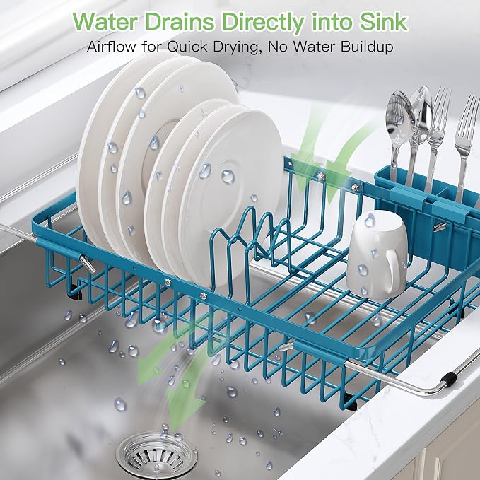 JASIWAY Blue Dish Drying Rack Over the Sink with Utensil Holder | Expandable Stainless Steel Dish Driainers for Small Kitchen, Apartment, Counter Space Saving, Fast Drain, Rust Resistant - Image 6