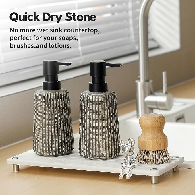 Instant Dry Sink Caddy Kitchen Sink Organizer, Quick Drying Stone Tray Diatomite Sponge Holder Soap Dish, Bathroom Countertop Fast Dry Water Absorbing Vanity Rack, Beige,12" x 5" - Image 4