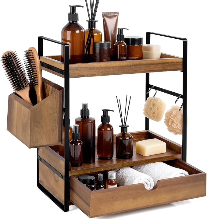 2-Tier Bathroom Counter Organizer, Acacia Wood Vanity Shelf with Drawer | Pre-Drilled Holes, Skincare & Makeup Countertop Organizer and storage, Acacia Dark Brown by Unknown