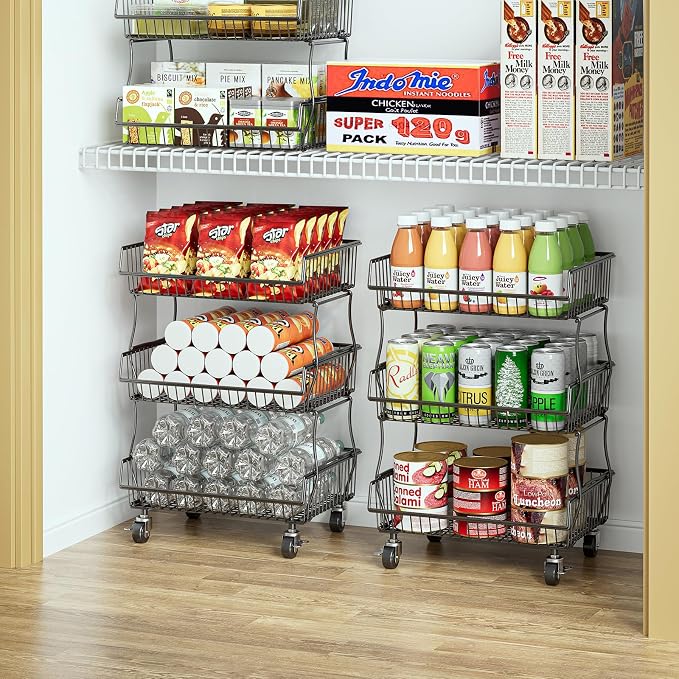 OKZEST Pantry Organizers and Storage Cart with Upgraded Metal Hub Casters | Fits under pantry shelf, Stackable fine-mesh wire baskets, 3-Tier rolling cart holds drink, snack, can, potato, onion, fruit - Image 9
