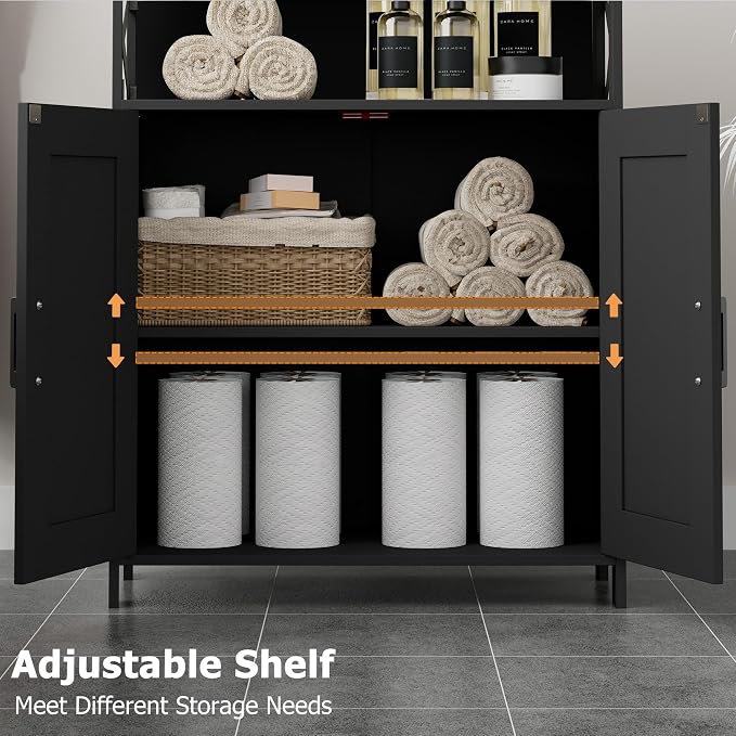 Homhedy Farmhouse Bathroom Storage Cabinet with Doors, Small Floor Cabinet | Toilet Paper Cabinet with Adjustable Shelf, Freestanding Storage Cabinet for Kitchen/Laundry/Living Room, 24"W, Black - Image 4