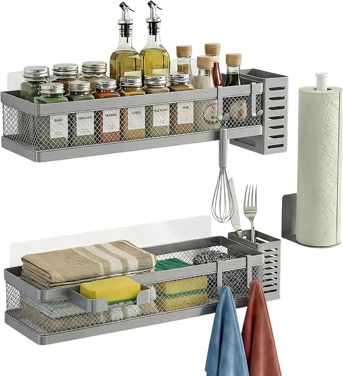 PUSDON 5-in-1 16.5" Extra Long Slim Wall Mount Wrapped Mesh Kitchen Organizer & Shower Caddy Kit, with Paper Towel Holder, Utensil Holder, Soap Dish, Holds 50LBS - Silver Gray, Netting by PUSDON