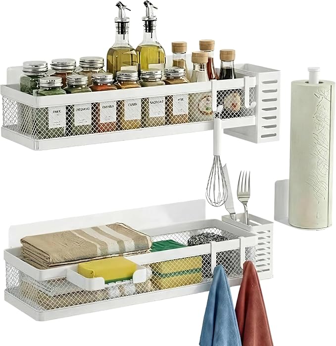 PUSDON 5-in-1 16.5" Extra Long Slim Wall Mount Wrapped Mesh Kitchen Organizer & Shower Caddy Kit, with Paper Towel Holder, Utensil Holder, Soap Dish, Holds 50LBS - White, Netting - Image 4