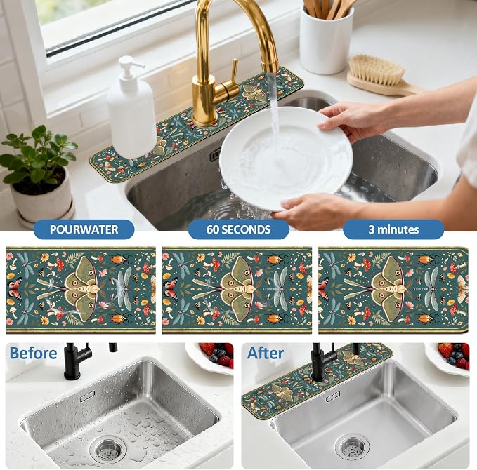 2 Pcs Kitchen Sink Splash Guard Faucet Mat Vintage Green Insects and Plants Faucet Mat for Sinks Absorbing Drying Mat for Kitchen Bathroom, 23.6x5.5inch - Image 5