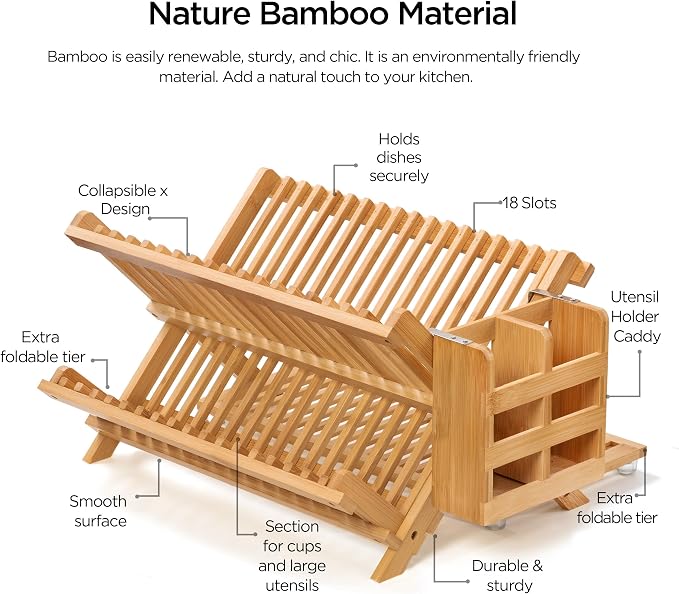 Bamboo 3 Tier Dish Drying Rack with Utensil Holder | Collapsible Dish Rack for Kitchen Counter, Large Folding Drying Holder, Dish Drainer, Kitchen Organizers and Storage - Image 3