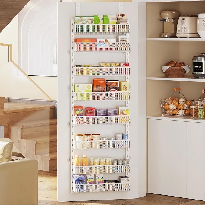 8-Tier Over the Door Pantry Organizer with Adjustable Baskets | Over the Door Spice Rack, Wall-Mounted or Hanging Shelves for Kitchen, Laundry Room, Bathroom(White,15.35"W x 5.2"D x 72.6"H) - Image 8