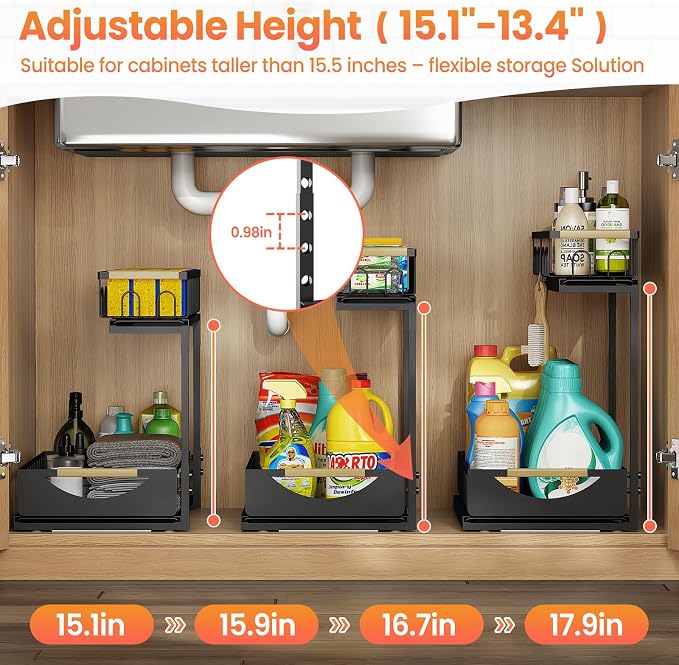 Under Sink Organizer and Storage for Bathroom and Kitchen - 2 Pack 2 Tier | Cabinet Pull Out Shelf Organizers - Slide Out Drawer Organization for Home Cabinets Shelves and Drawers - Image 5