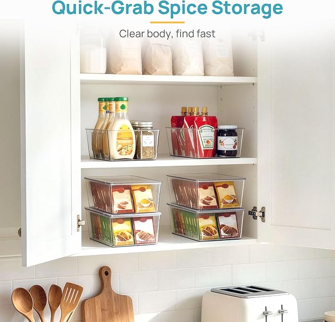 Vtopmart 4 Pack Pantry Organizer Bins with Lids, Removable Dividers | Clear Bins with Removable Dividers,Stackable Design for Pantry and Cabinet Organization of Tea Bags,Snacks & Spice Packets - Image 9
