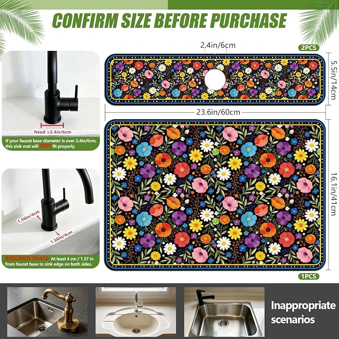 3 Pcs 2 Size Kitchen Sink Splash Guard Faucet Mat Bohemian Flowers Pattern Faucet Mats for Sinks Colorful Flower Absorbing Drying Mat for Kitchen Bathroom - Image 2