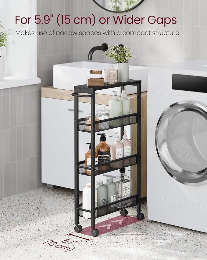 VASAGLE Slim Rolling Cart, 4-Tier Storage Cart, Narrow Cart with Handle, 5.1 Inches Deep, Metal Frame, for Kitchen, Dining Room, Living Room, Home Office, Ebony Black and Classic Black ULRC032B04 - Image 3