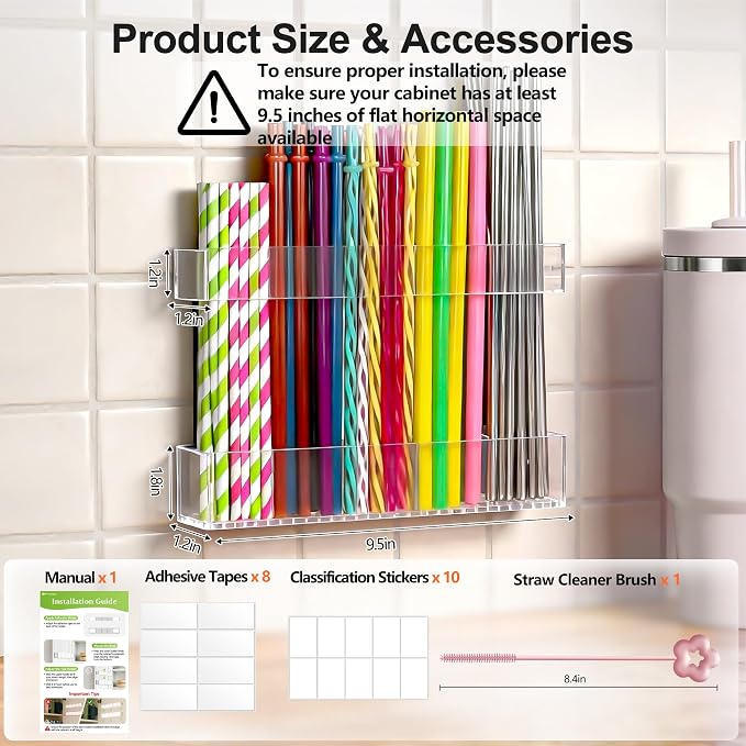 9.5” Large Acrylic Straw Holder for Cabinet Door, Adjustable Two-Part | Reusable Straws Organizer with Ultra Sticky Adhesive Strips, 2026 Straw Storage for Kitchen Cupboard (Transparent) - Image 4