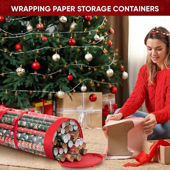BALEINE Christmas Wrapping Paper Organizer Storage, 41" Gift Wrapping Paper Storage Containers, Clear PVC with Durable 600D Oxford Fabric Gift Wrap Paper Holder Fits 18-25 Rolls, Red - Image 6