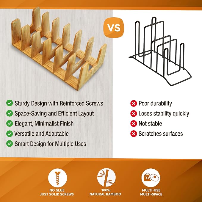 Kitchen Cabinet Organizer - Sturdy Bamboo Pot and Pan Organizer for Inside Cabinet - Multiuse Lid Organizer - Durable & Minimalist Kitchen Cabinet Organizer - Image 4