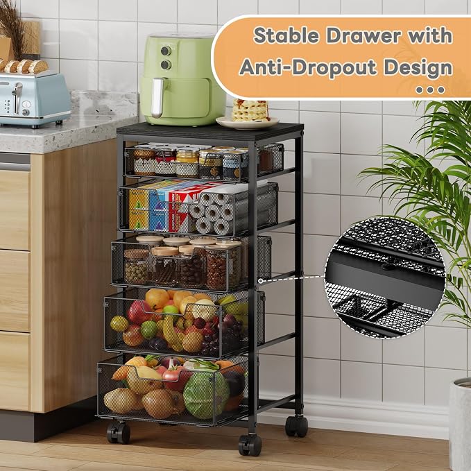 Kitchen Storage Cart with Drawer, 5-Tier Fruit Vegetable Storage Cart, Kitchen Organizer and Storage Cart with Wheels, Wooden Top Metal Wire Pantry Storage Cart rack for Fruit Snack Onion Potato - Image 2