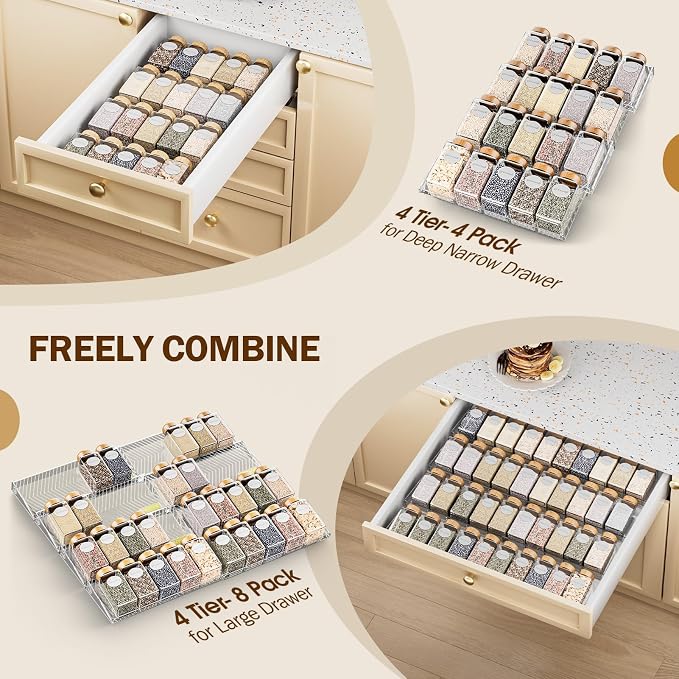 Spice Drawer Organizer, 4 Pack Clear Seasoning Organizer Rack | Expandable From 11" to 22" Wide, Kitchen Spice Rack Organizers for Drawer, Countertop, (Jars Not Included) - Image 6