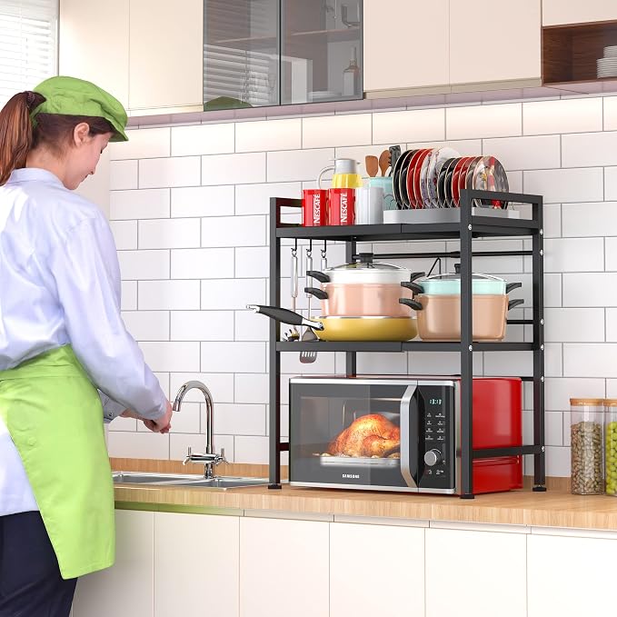 PUSDON 3-Tier Expandable Microwave Oven Rack, Countertop Baker's Rack Style Shelf, Heavy Duty Adjustable Standing Shelf with Hooks, 160lbs Capacity Kitchen Space Saver, Matte Black - Image 4