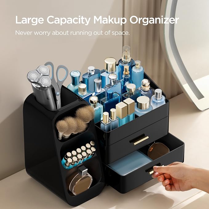 HBlife Cologne Organizer for Men Makeup Organizer with Brush Holder for Vanity, Large Plastic Bathroom Countertop Organizer Skin Care Storage, Fathers Day Gift for Dad Husband, All Black - Image 4