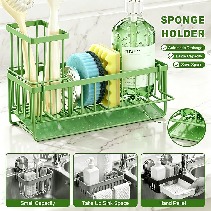 Sponge Holder for Kitchen Sink, Kitchen Sink Caddy, Kitchen Sink Sponge Holder, Dish Sponge Holder, Kitchen Sink Organizer for Sponge, Dish Brush, Scrubber(9.65" x 3.74" x 6.3", Avocado) - Image 4