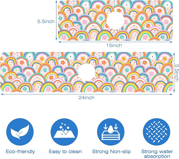 Boho Rainbow Hippie Floral Kitchen Sink Splash Guard Mat Absorbent Fast Drying Mat Faucet Draining Mat Sink Splash Guard Behind Faucet Drip Catcher for Kitchen Bathroom 5.5"×24" - Image 3