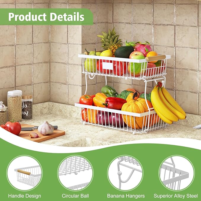 2 Tier Fruit Basket for Kitchen Counter with 2 Banana Hangers, Countertop Metal Bread Basket with Wooden Handle, Large Storage Stand for Vegetables, Snacks, Eggs, Produce Storage – White - Image 4
