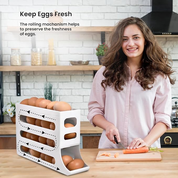 ZAYLAN Auto-Rolling Egg Holder for Fridge – 4-Tier Space-Saving Dispenser Holds 28 Eggs, White Organizer with FREE Flower Egg Cutter - Image 9