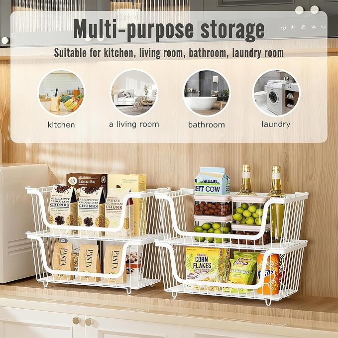 4 Pcs Stackable Wire Baskets for Pantry Organizers and Storage, | Vegetable Fruit Basket for Countertop,Kitchen Storage Metal Baskets,Produce Potato Onion Storage Bin,White - Image 8