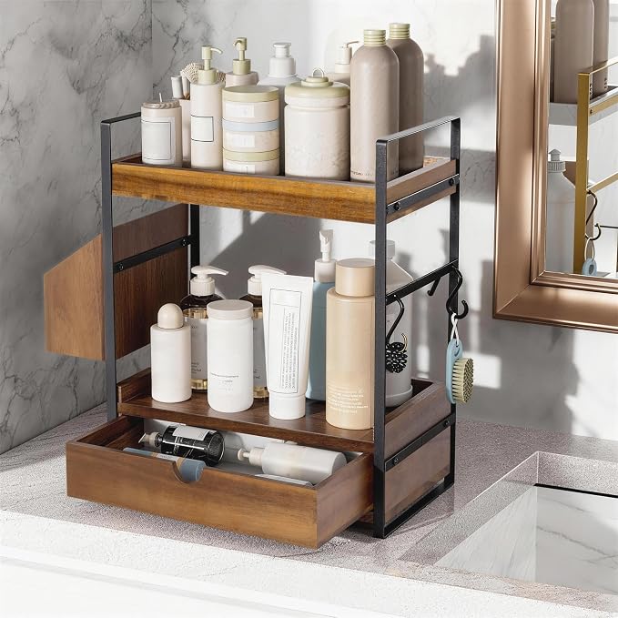 2-Tier Bathroom Counter Organizer, Acacia Wood Vanity Shelf with Drawer | Pre-Drilled Holes, Skincare & Makeup Countertop Organizer and storage, Acacia Dark Brown - Image 6