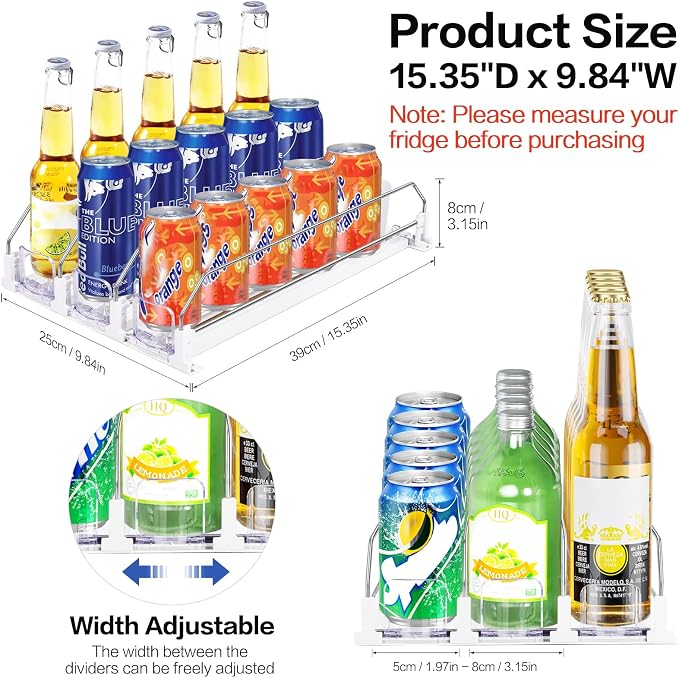 Drink Organizer for Fridge, Automatic Pusher Drink Dispenser for Refrigerator, Adjustable Width Soda Can Organizer for Beer Beverage Bottle Holds up to 15 Cans 3Row (Depth15.3 x Wide9.9) - Image 2