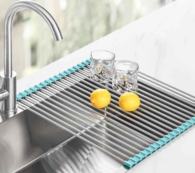 Tomorotec Roll Up Dish Drying Rack Over Sink, 304 Steel, 21x15.5, Green | Anti-Slip Silicone Rims For Grip, Heat-Resistant Trivet Mat Holding Heavy Cookware, Rustproof Kitchen Counter Space Saver - Image 8
