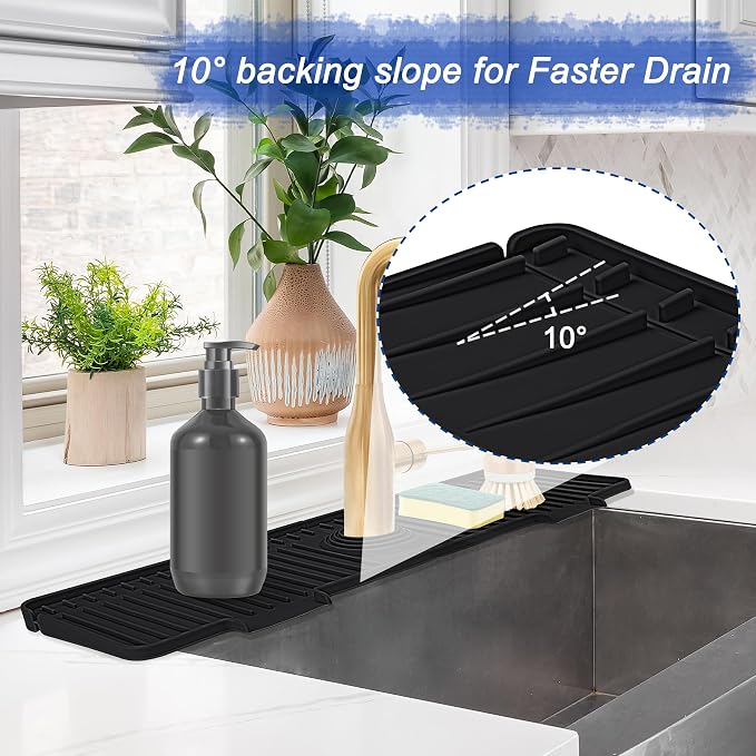 Kitchen Sink Splash Guard, 20 inch Silicone Faucet Guard & Draining Mat, 10° Large Slope Sink Faucet Mat Splash Guard, Bathroom Sink Organizer, Kitchen Sink Accessories Gadgets, 20 x 5.5”, Black - Image 3