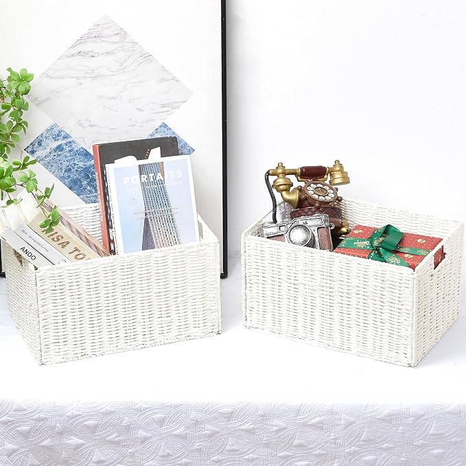 Wicker Storage Basket, Set of 2 Hand-Woven Paper Rope Wicker Basket, Small Storage Baskets for Organizing Toilet Paper Basket, Foldable Large Cube Storage Organizer Bins for Shelves (White) - Image 5