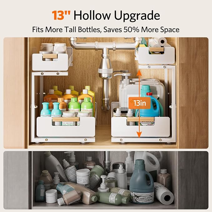 Delamu Under Sink Organizer Kitchen, 2-Tier Pull-Out Cabinet Shelf, 2-Pack | 2-Tier Smooth Slide, 5 Adjustable Heights, Anti-Tip Suction Cups, Sturdy Metal, For Kitchen Bathroom Pantry Laundry, White - Image 3