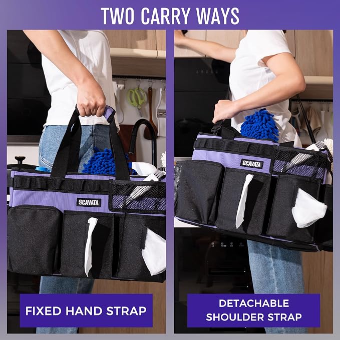 SCAVATA Wearable Cleaning Caddy Bag, Cleaning Caddy Supplies Organizer with Handle & Shoulder Straps for Housekeepers, Under Sink & Car Cleaning Tool Organizers with 4 Foldable Divider (Purple) - Image 6