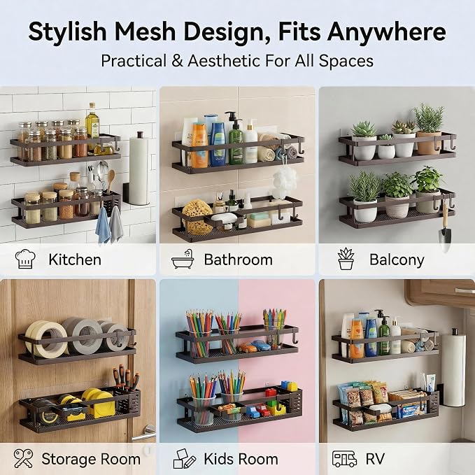 PUSDON 5-in-1 16.5" Extra Long Kitchen Organizer & Shower Caddy Set, Wall Mount Spice Rack with Paper Towel Holder, Utensil Holder & Soap Dish, Rustproof Mesh Storage Rack, Vintage Bronze, Guardrail - Image 7