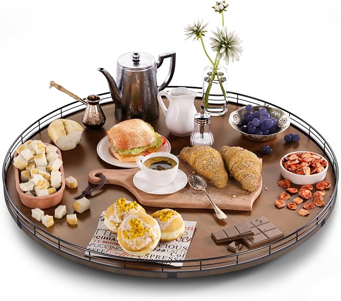 AMH 24-Inch Extra Large Farmhouse Oak Lazy Susan Organizer, Walnut Finish | Smooth rotating oak tray with walnut finish for dining tables, kitchen counters, pantries and cabinet storage. by AMH
