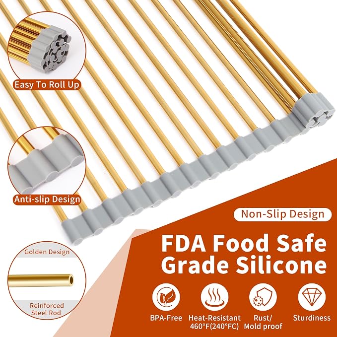 Golden Roll-UP Dish Drying Rack-Large Stainless Steel Dish Drainer Over The Sink for Kitchen Countertop, Applicable for Sink Width Less Than 16.5in (Gold,17.8'x 13.2') - Image 6