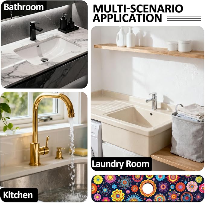 2 Pcs Kitchen Sink Splash Guard Faucet Mat Brilliant Floral Textures Faucet Mat for Sinks Flowers Pattern Absorbing Drying Mats for Kitchen Bathroom, 23.6x5.5inch - Image 7