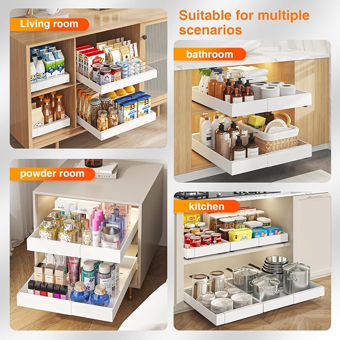 Pull Out Cabinet Organizer Expandable 12.6"-20.4"Wx 16.54"D,1 Pack | Upgraded 3 Quiet Slide Rails, Nano-Film Adhesive Fixing, White, Fit Kitchen/Living Room/Bathroom/Vanity - Image 6