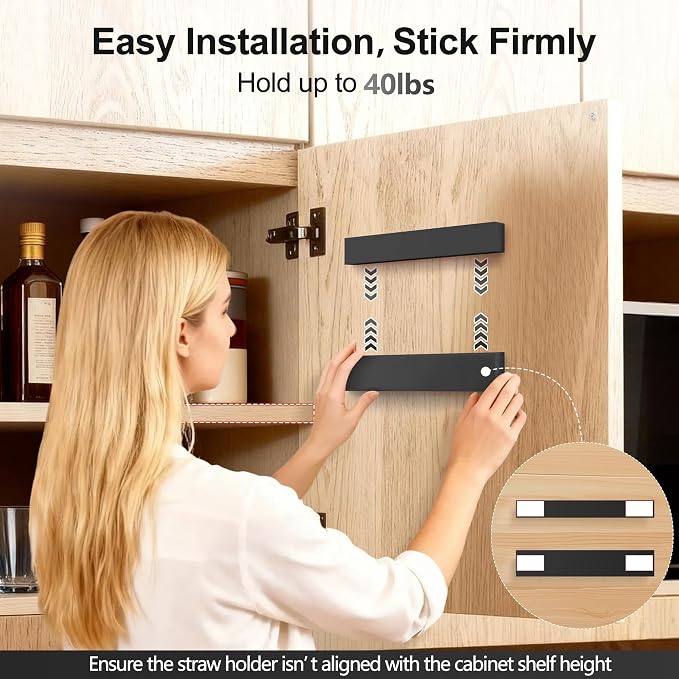9.5” Large Acrylic Straw Holder for Cabinet Door, Adjustable Two-Part | Reusable Straws Organizer with Ultra Sticky Adhesive Strips, 2026 Straw Storage for Kitchen Cupboard (Black) - Image 7