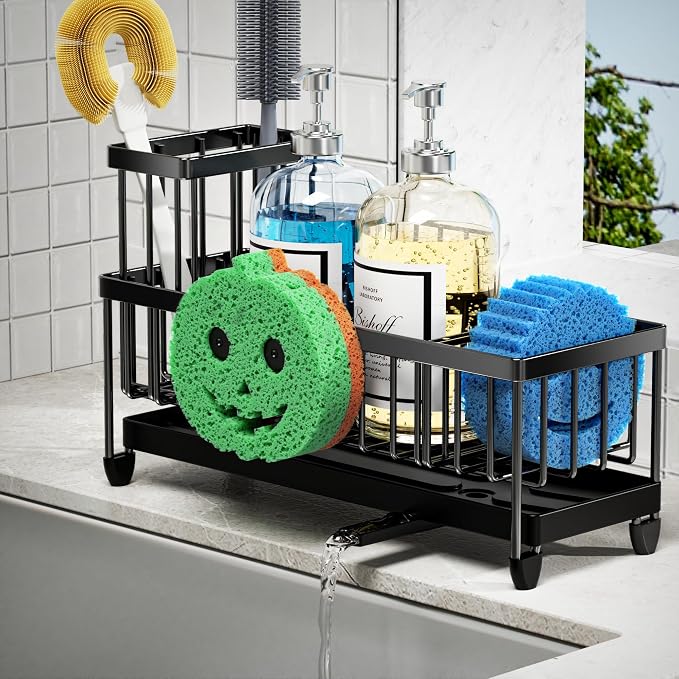Moforoco Larger Version Sponge Holder for Kitchen Sink, Sink Caddy with High Brush Holder, Kitchen Sink Organizer Countertop Rustproof 304 Stainless Steel (Black with Smiley Face Holder) - Image 5