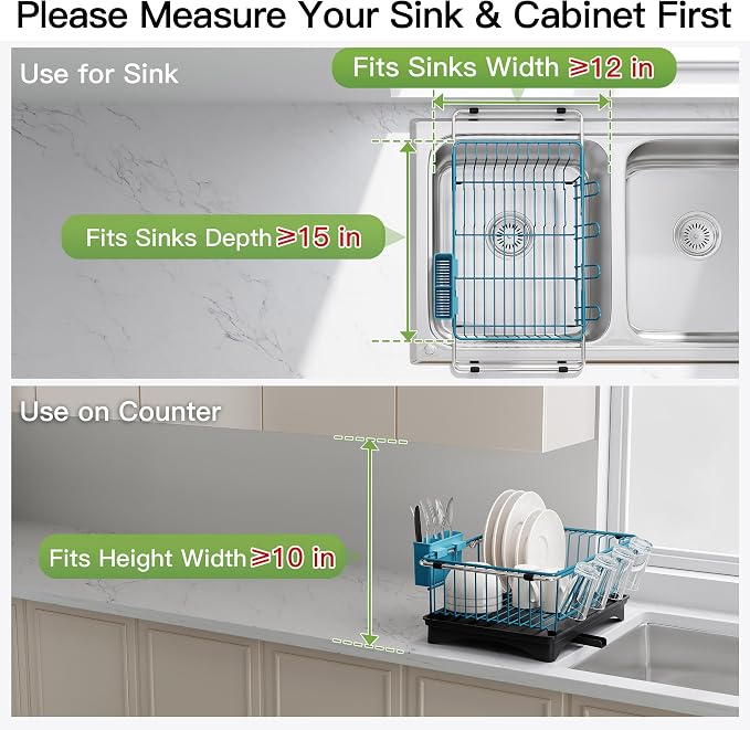 JASIWAY Blue Dish Drying Rack in Sink with Drainboard and Utensil Holder | Use Over the Sink or Counter, Stainless Steel Expandable Dish Drainer for Small Kitchen, Space Saving, Fast Drain, Rustproof - Image 3