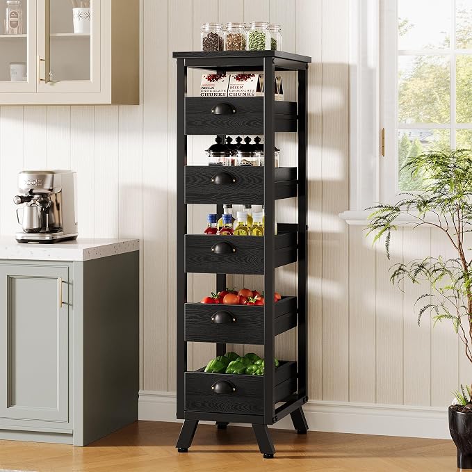 Tribesigns Black Wood Fruit and Vegetable Storage Rack, 5-Tier Narrow Snack Stand Kitchen Stand Fruit Basket, Pull-Out Utility Organizer for Kitchen, Living Room - Image 4